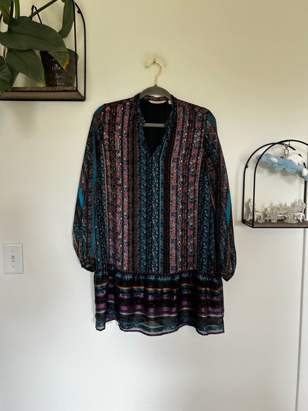 Soft Sureoundings Long Sleeve V Neck Floral‎ Patterned Tunic Mini Dress Small